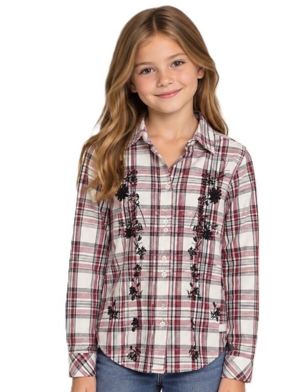 Girls 7 For All Mankind -Plaid Button-Up Shirt with Floral Embroidery - Red/Whit